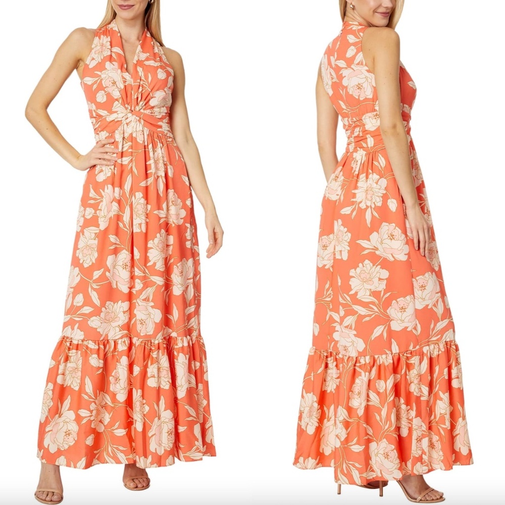 NEW VINCE CAMUTO Coral FLORAL Twist Front RUFFLE HEM Tropical MAXI DRESS 0